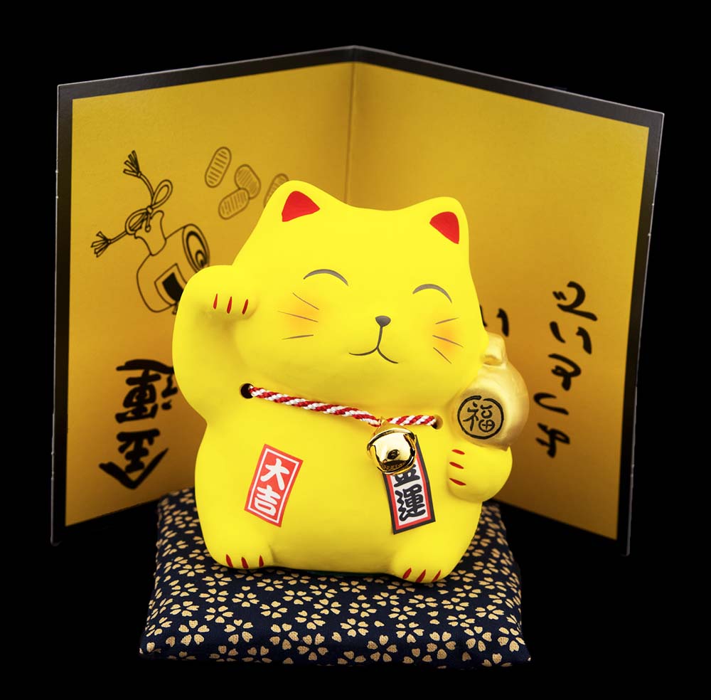Tirelire Chat Japonais Maneki-Neko Jaune Fortune Dorée