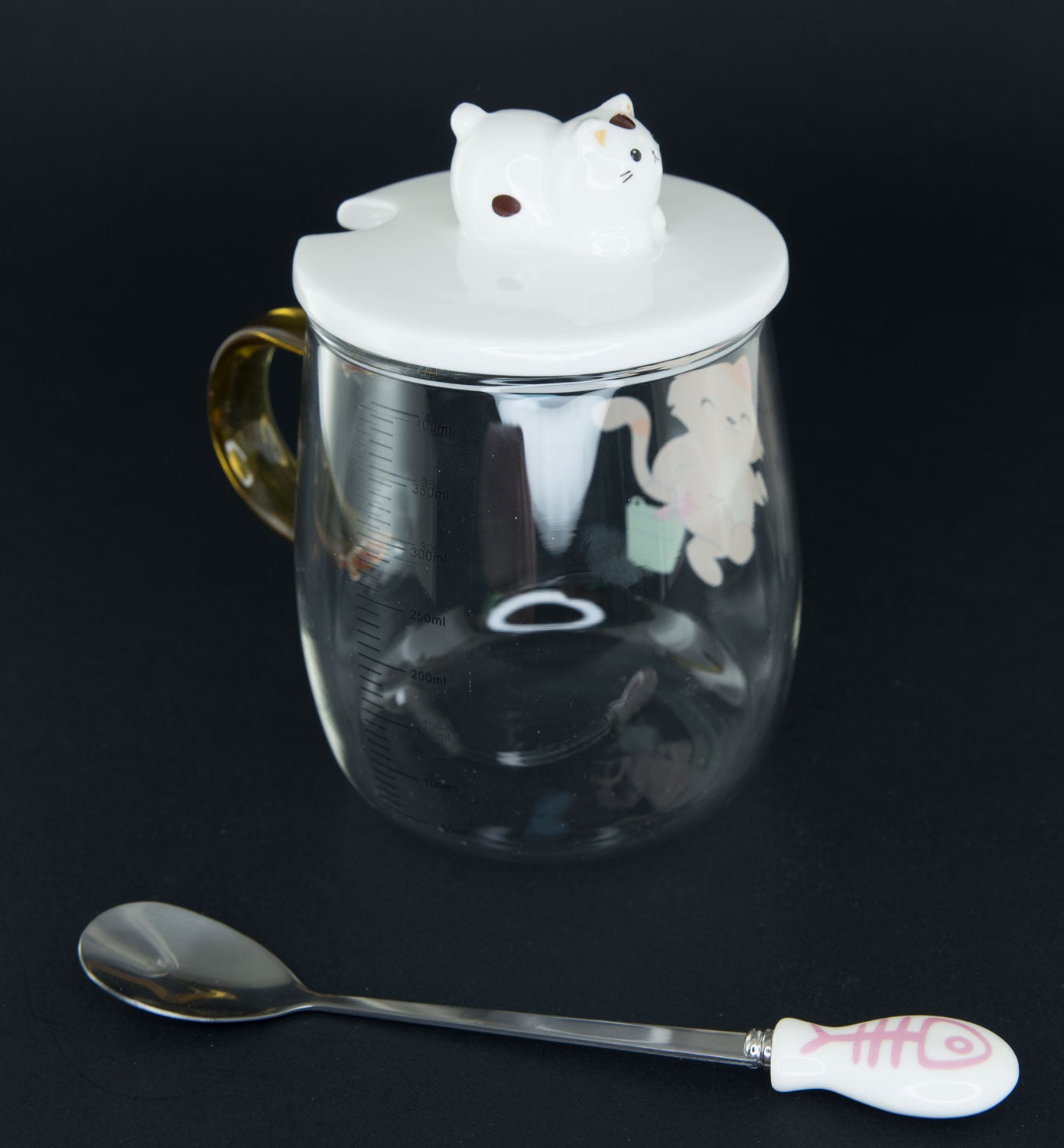 Mug Doseur Chat Maneki Neko en Verre avec Couvercle en Céramique – 400 ml