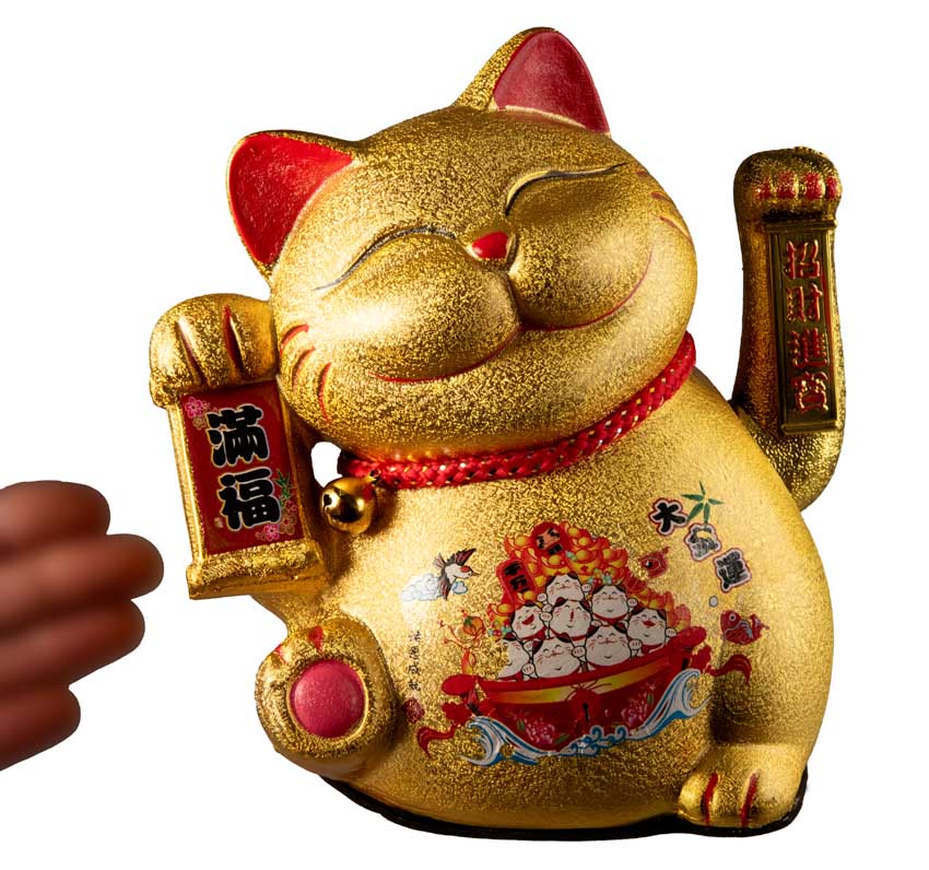 Chat Chinois Maneki Neko Doré en Céramique – Figurine Animée à Pile 21 cm