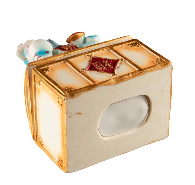 Tirelire Chat Japonais Maneki-Neko sur Coffre en Résine Bleu