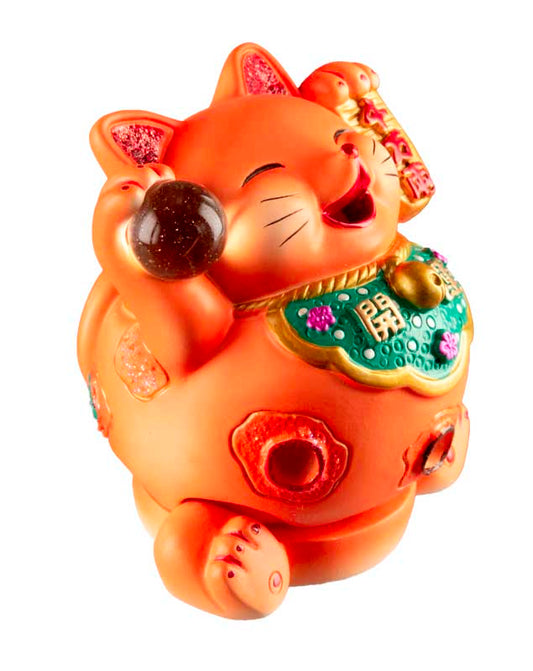 Chat Chanceux Maneki-Neko Orange en Résine – Figurine Décorative Kawaii 7 cm