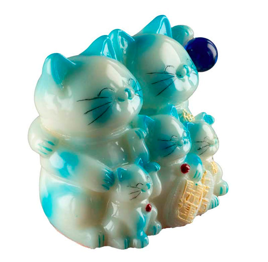 Statuette Chat Maneki-Neko et sa Famille Bleue en Résine – Décoration Kawaii 9,5 cm