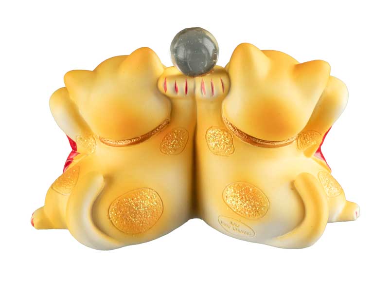 Duo Chat Maneki-Neko Jaune en Résine – Statuette Décorative Kawaii 11 cm