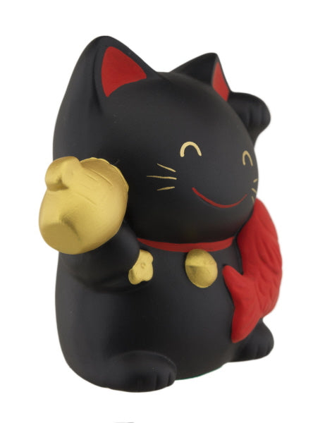 Tirelire Chat Japonais Maneki-Neko Noir avec Koban et Carpe