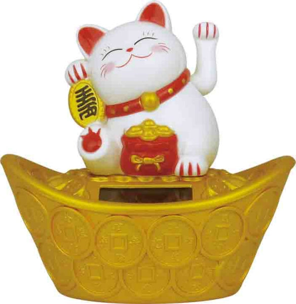 Chat Japonais Maneki Neko Blanc sur Lingot – Figurine Solaire Animée