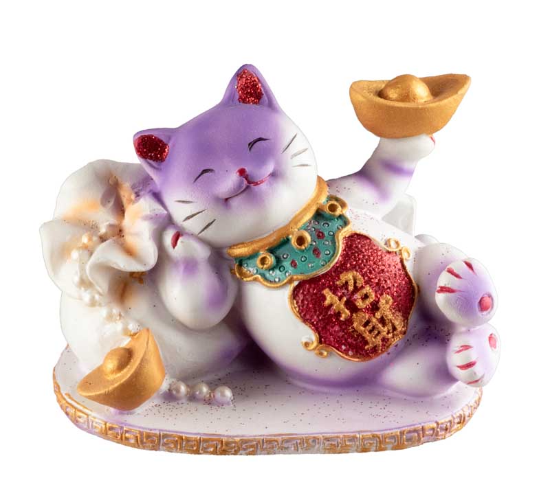 Chat Maneki-Neko Violet avec Lingot en Résine – Figurine Décorative 9 cm