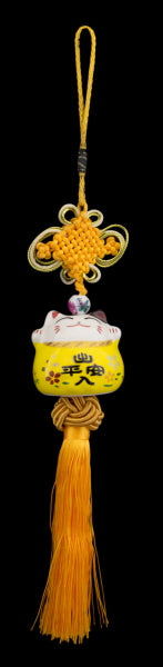 Suspension Décorative Maneki Neko Jaune en Céramique avec Nœud Chinois - Talisman Japonais