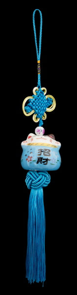 Suspension Décorative Chat Maneki Neko Bleu en Céramique Artisanale - Talisman Japonais