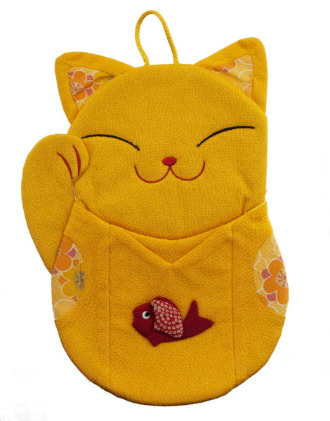 Pochette Étui Chat Japonais Maneki Neko Jaune – Artisanat Fait Main