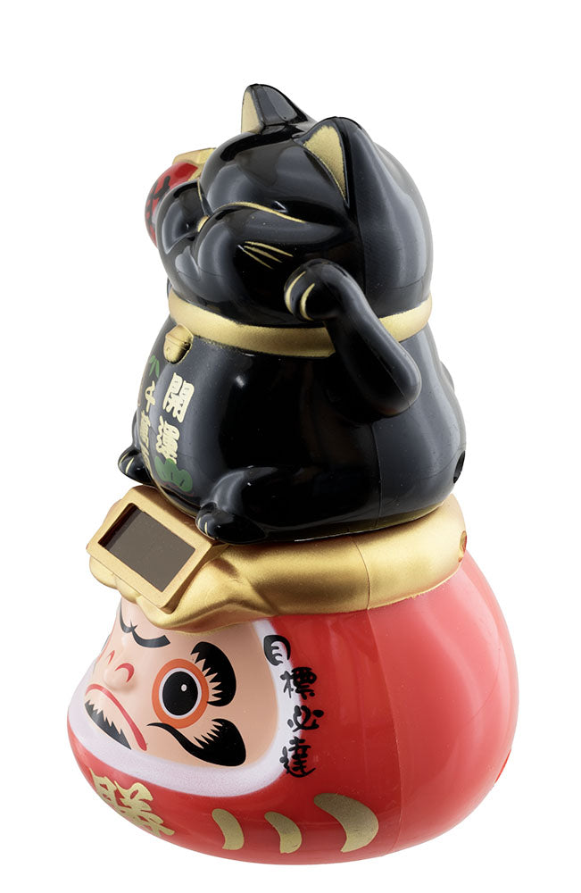 Figurine Solaire Maneki Neko Noir sur Daruma – Porte-Bonheur Japonais 10.5 ou 15 cm