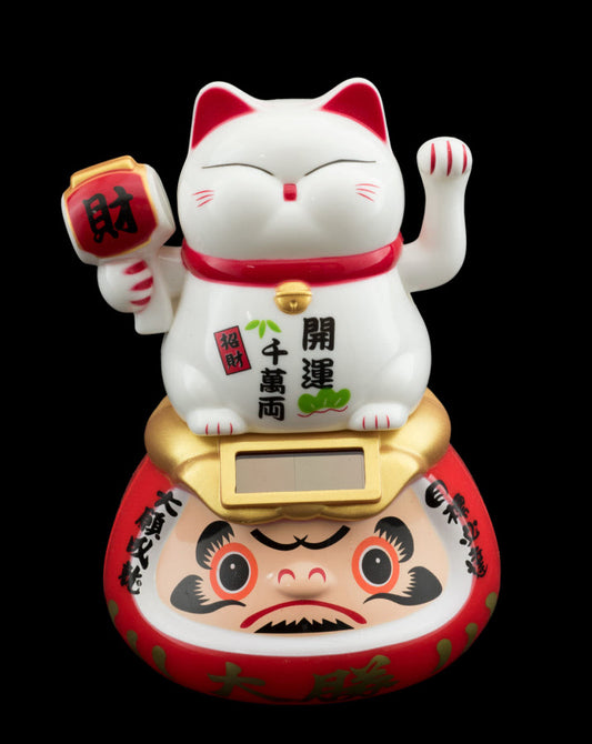 Figurine Solaire Maneki Neko Blanc sur Daruma – Porte-Bonheur Japonais 10.5 ou 15 cm (Copie)