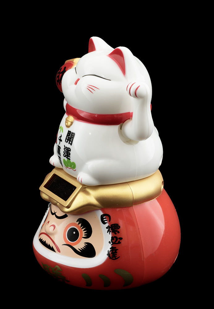 Figurine Solaire Maneki Neko Blanc sur Daruma – Porte-Bonheur Japonais 10.5 ou 15 cm (Copie)