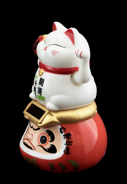 Figurine Solaire Maneki Neko Blanc sur Daruma – Porte-Bonheur Japonais 10.5 ou 15 cm (Copie)
