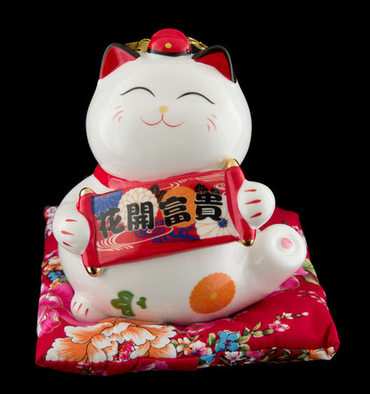Tirelire Chat Japonais Maneki Neko Blanc en Porcelaine