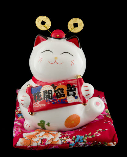 Tirelire Chat Japonais Maneki Neko Blanc en Porcelaine