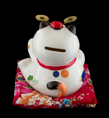Tirelire Chat Japonais Maneki Neko Blanc en Porcelaine