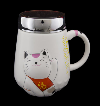 Mug Chat Japonais Maneki Neko en Relief avec Couvercle – 500 ml