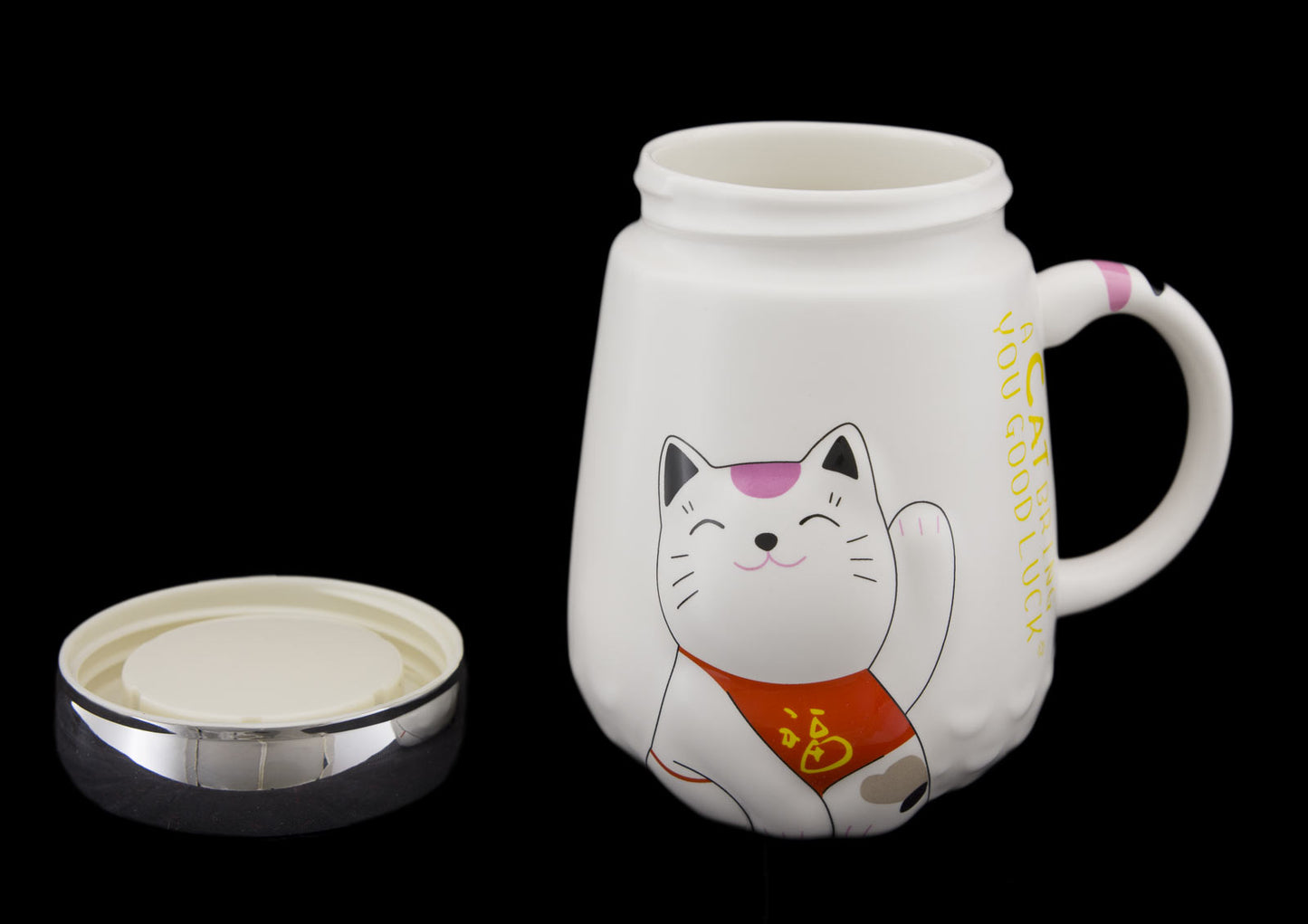 Mug Chat Japonais Maneki Neko en Relief avec Couvercle – 500 ml