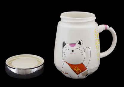 Mug Chat Japonais Maneki Neko en Relief avec Couvercle – 500 ml