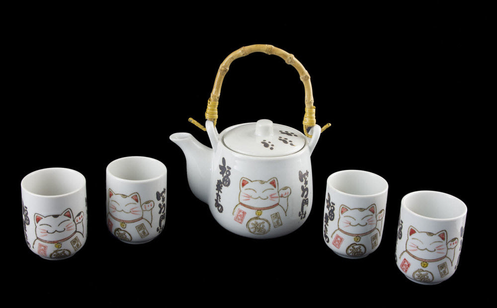Coffret Service à Thé Japonais Maneki Neko pour 4 Personnes – Théière et 4 Tasses en Céramique