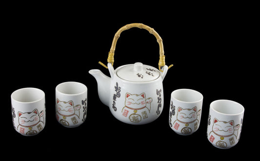 Coffret Service à Thé Japonais Maneki Neko pour 4 Personnes – Théière et 4 Tasses en Céramique