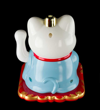 Chat Japonais Maneki Neko Blanc Robe Bleue – Figurine Solaire Animée