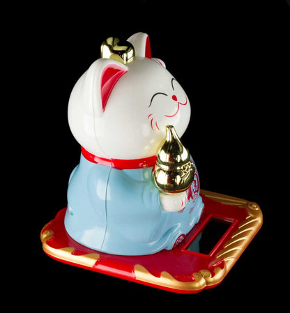 Chat Japonais Maneki Neko Blanc Robe Bleue – Figurine Solaire Animée