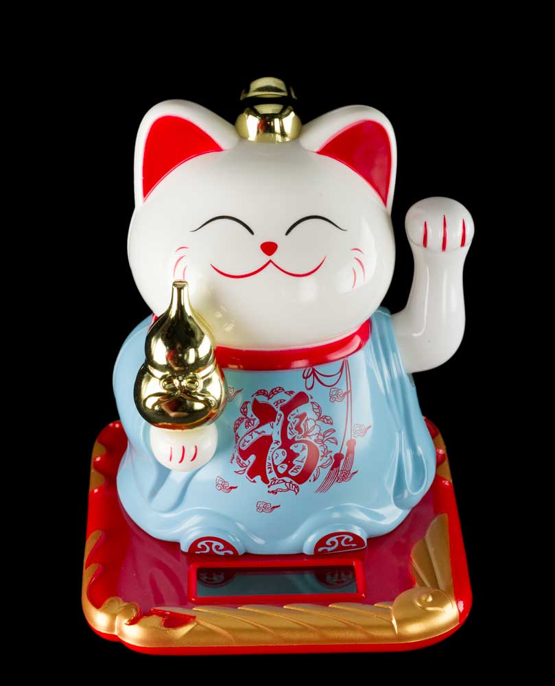 Chat Japonais Maneki Neko Blanc Robe Bleue – Figurine Solaire Animée