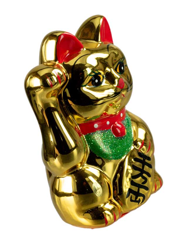 Tirelire Chat Japonais Maneki-Neko Doré en Céramique 15 cm