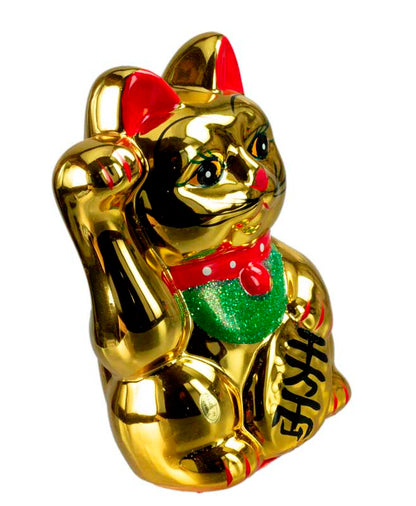 Tirelire Chat Japonais Maneki-Neko Doré en Céramique 15 cm