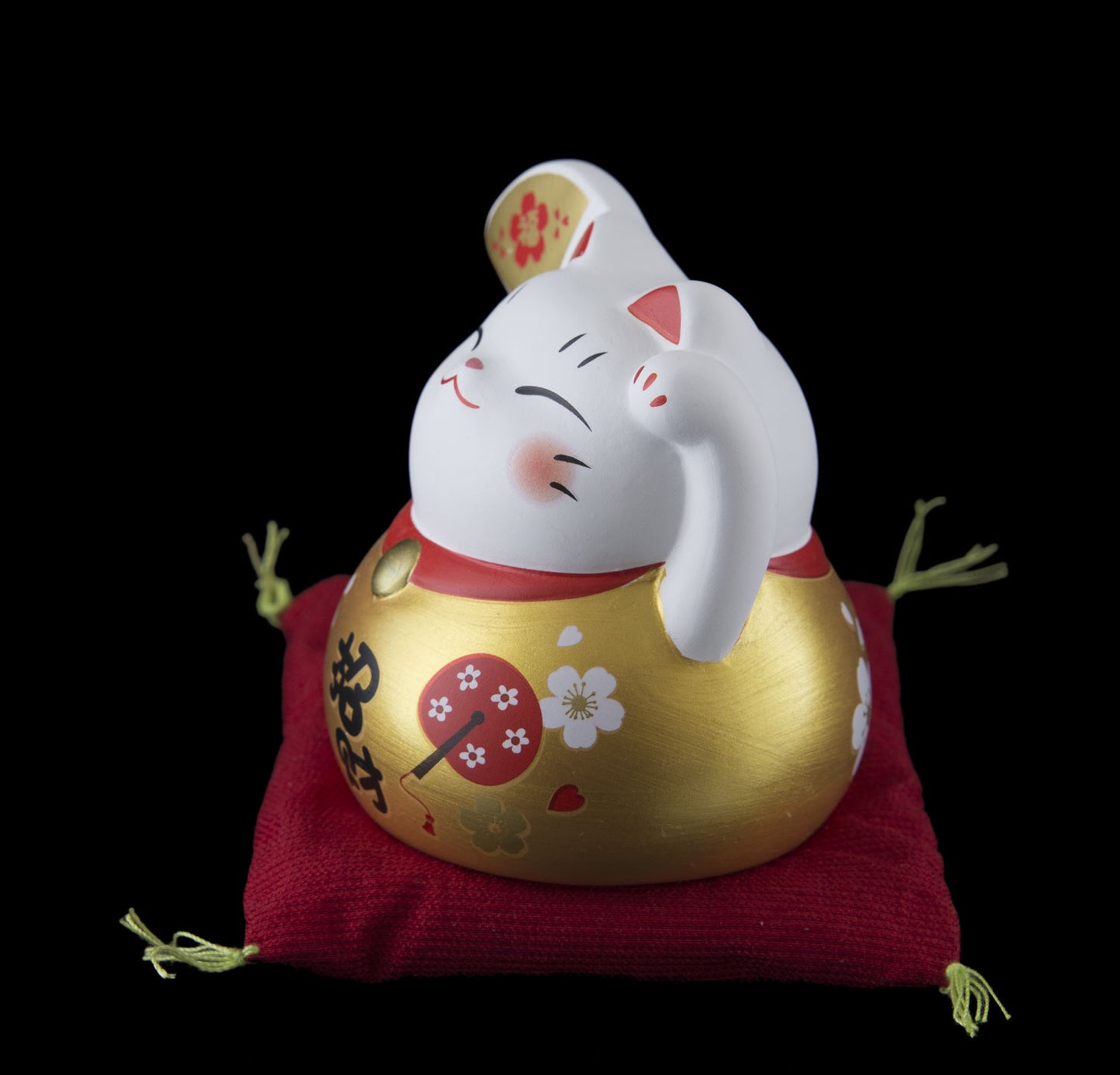 Figurine Chat Japonais Maneki-neko Doré avec Éventail – Série Limitée 7,9 cm