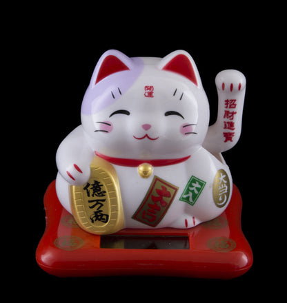 Chat Japonais Maneki Neko Bobtail Blanc à Oreille Violette – Figurine Solaire Animée