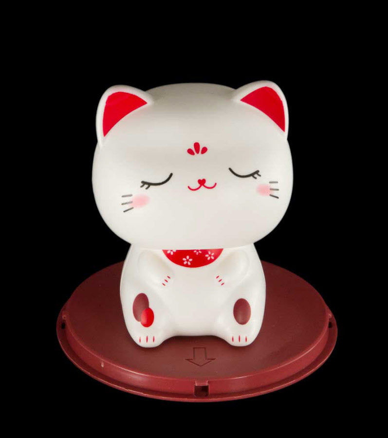 Chat Chinois Solaire Maneki Neko Blanc Yeux Fermés  – Figurine à Tête Animée