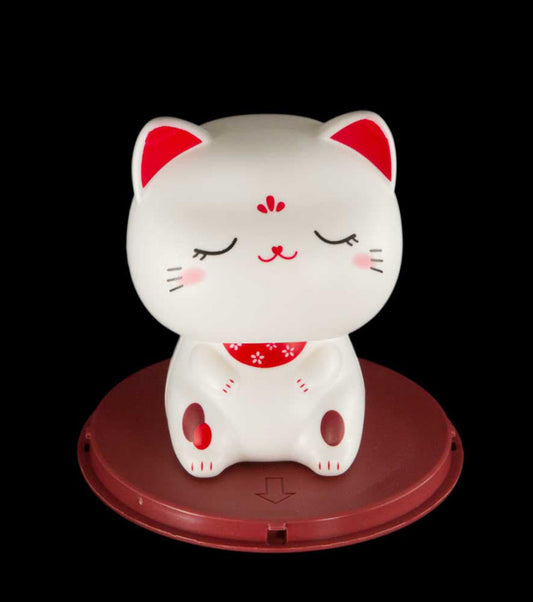 Chat Chinois Solaire Maneki Neko Blanc Yeux Fermés  – Figurine à Tête Animée