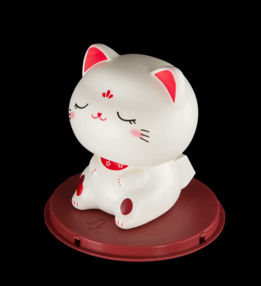 Chat Chinois Solaire Maneki Neko Blanc Yeux Fermés  – Figurine à Tête Animée
