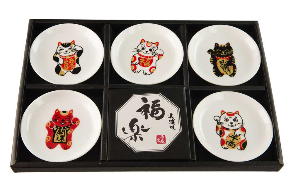 Lot de 5 Coupelles à Sauce Maneki Neko en Porcelaine – Fabriquées au Japon