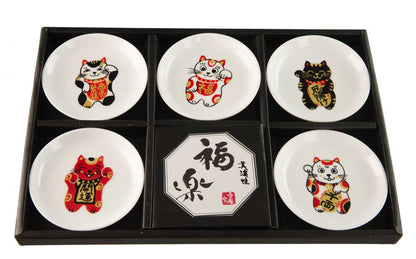 Lot de 5 Coupelles à Sauce Maneki Neko en Porcelaine – Fabriquées au Japon