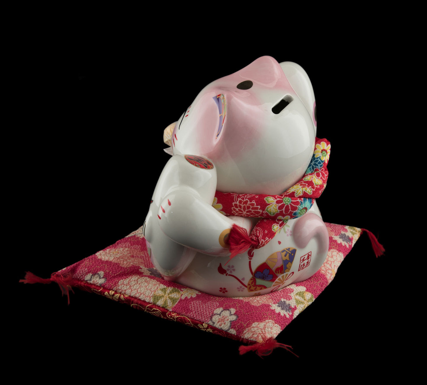 Grande Tirelire Chat Japonais Maneki-Neko Blanc et Rose avec Poisson