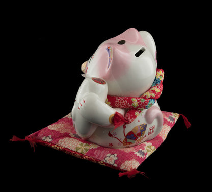 Grande Tirelire Chat Japonais Maneki-Neko Blanc et Rose avec Poisson