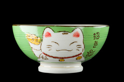 Bol à Riz Kawaii Maneki-Neko Vert en Céramique