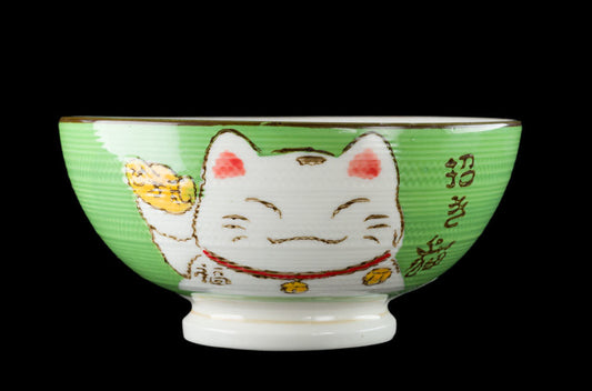 Bol à Riz Kawaii Maneki-Neko Vert en Céramique