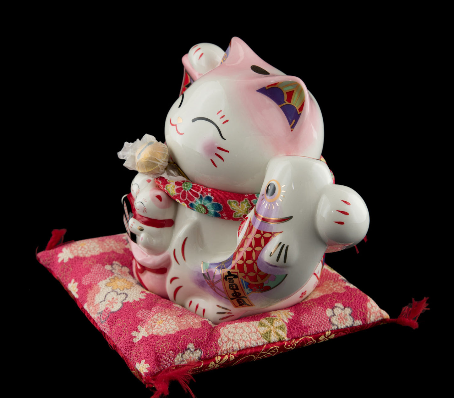 Grande Tirelire Chat Japonais Maneki-Neko Blanc et Rose avec Poisson