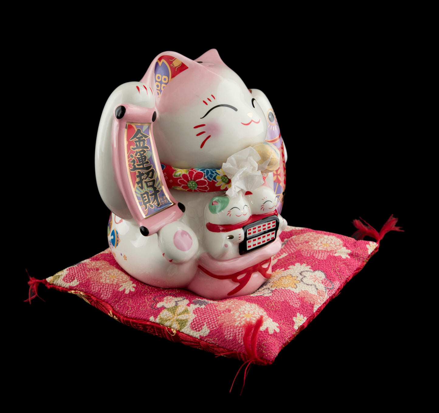 Grande Tirelire Chat Japonais Maneki-Neko Blanc et Rose avec Poisson