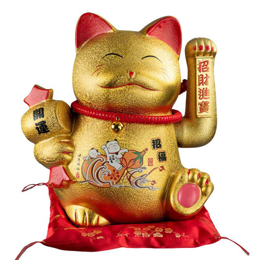Chat Japonais Maneki-neko Doré à Patte Animée – Grand Modèle 31 cm - Figurine