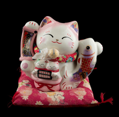 Grande Tirelire Chat Japonais Maneki-Neko Blanc et Rose avec Poisson