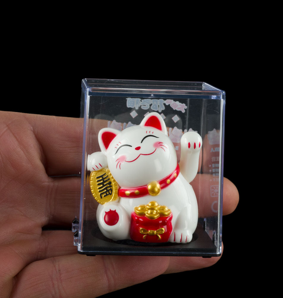 Mini Chat Chinois Solaire Maneki Neko Blanc  – Figurine à Patte Animée