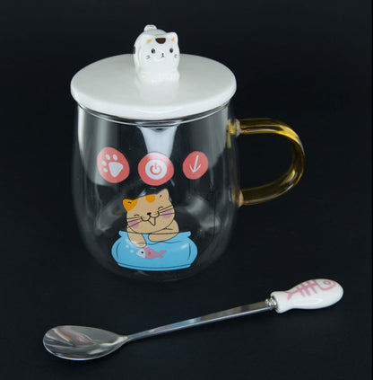Tasse Doseur Maneki Neko en Verre et Céramique avec Couvercle – 400 ml