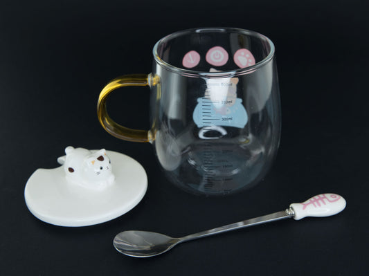 Tasse Doseur Maneki Neko en Verre et Céramique avec Couvercle – 400 ml
