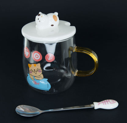 Tasse Doseur Maneki Neko en Verre et Céramique avec Couvercle – 400 ml