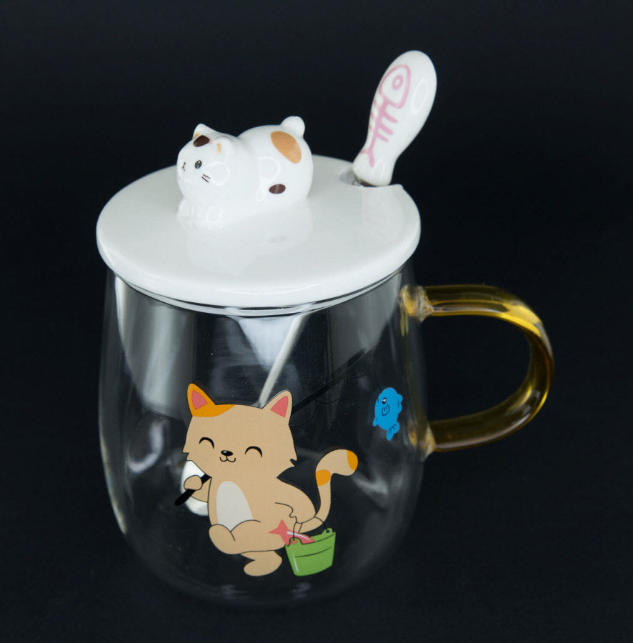 Mug Doseur Chat Maneki Neko en Verre avec Couvercle en Céramique – 400 ml